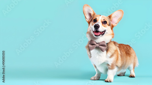 Corgi with a Bowtie on a pastel blue background