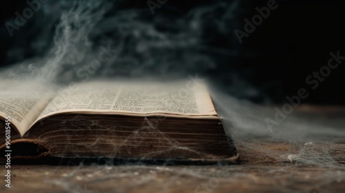 Dusty desk with an ancient, cursed book open, cobwebs hanging. Scary, mysterious, and perfect for a Halloween scene