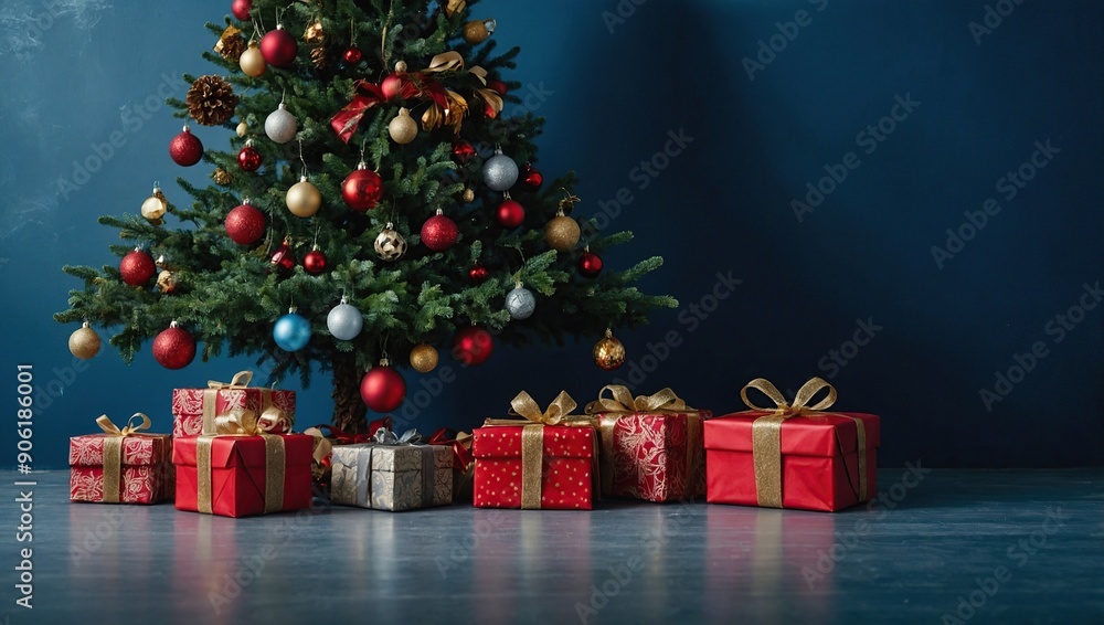 A christmas tree with ornaments and presents in front of a blue wall. Copy space A christmas tree with ornaments and presents in front of a blue wall. Copy space