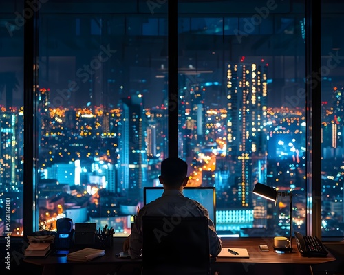 Businessman Working Late at Desk Overlooking Illuminated City Skyline at Night