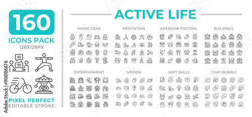 Active life line icons set collection. Buildings, communication. Entertainment. Hiking gear, meditation mega pack of linear pictograms, pixel perfect. Isolated vector illustrations. Editable stroke