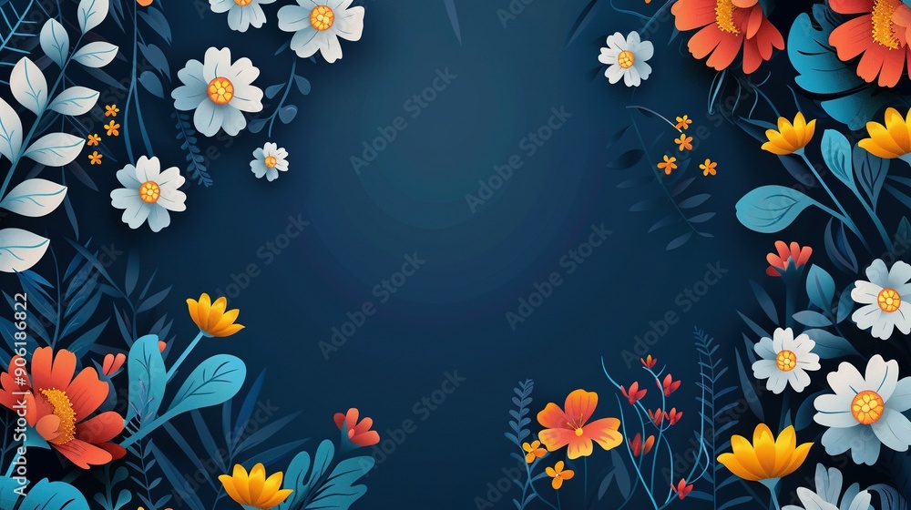 Obraz premium Floral Border with White, Orange, and Red Flowers on a Dark Blue Background