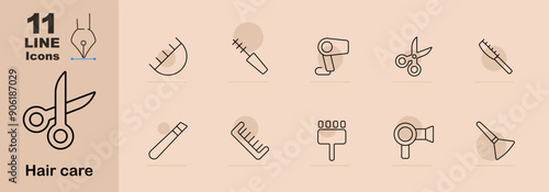 Hair care set icon. Comb, brush, hair dryer, scissors, curling iron, straightener, clip, shampoo, blow dryer, salon, grooming, styling, beauty, hygiene, personal care, haircut, barber, hairstyling
