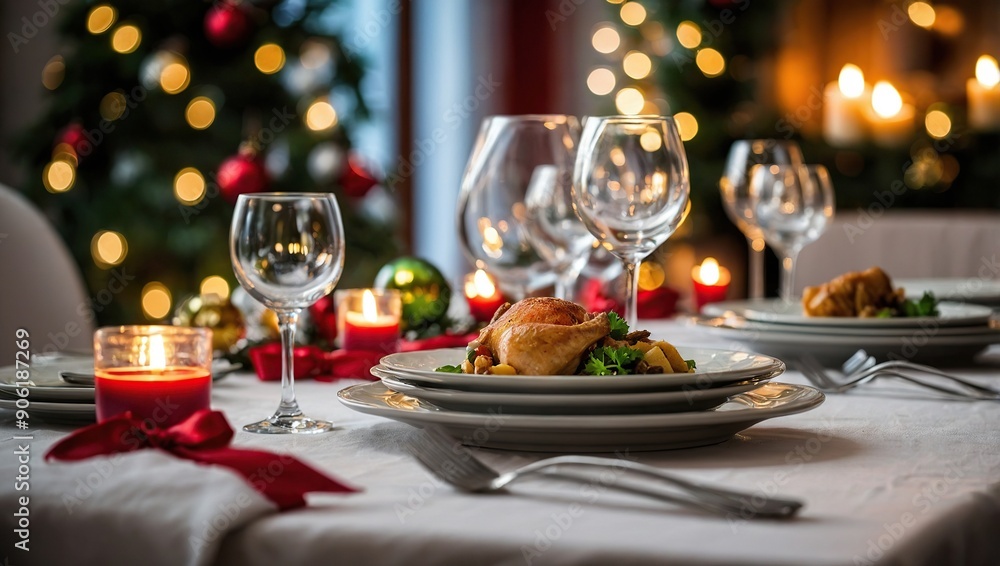 A close-up of table set for dinner meal at Christmas time A close-up of table set for dinner meal at Christmas time
