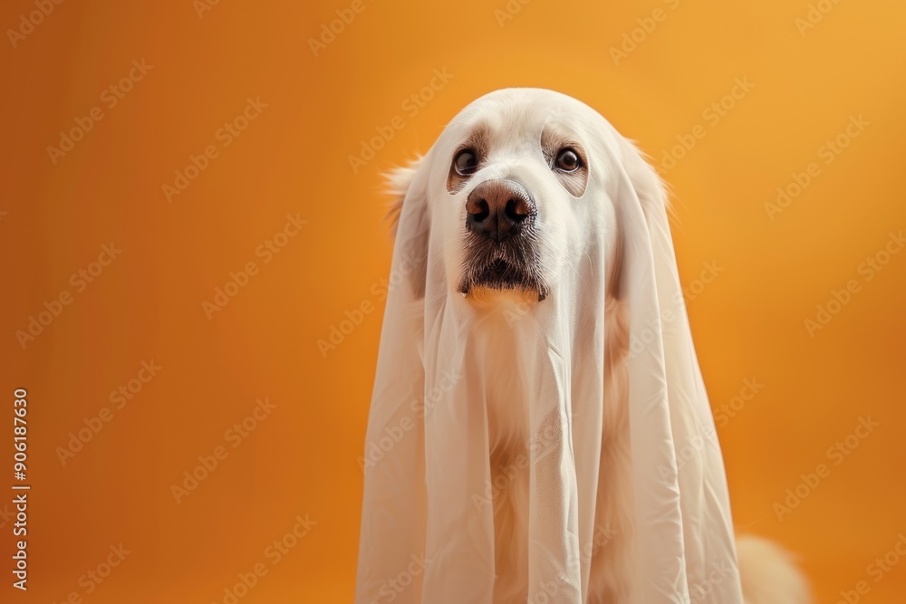 Cute Golden Retriever in Scary Ghost Mask on Vibrant Orange Background, Perfect for Halloween or Pet Costume Party Generative AI Cute Golden Retriever in Scary Ghost Mask on Vibrant Orange Background, Perfect for Halloween or Pet Costume Party Generative AI