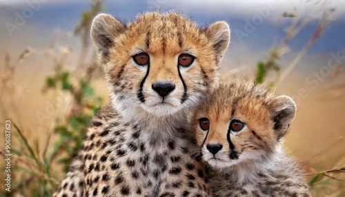 Endearing portrait of a seven weeks old Cheetah, which calls the mother in Masai Mara, Kenya photo