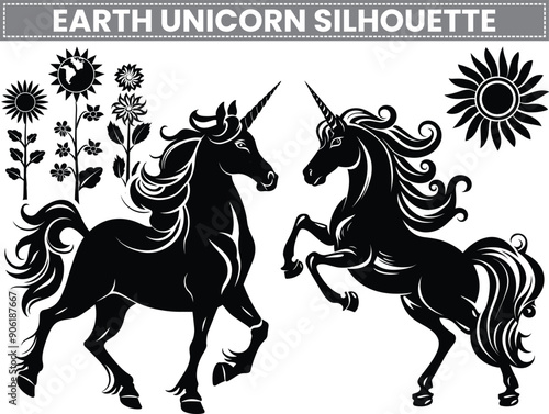 horse and rider, Earth unicorn silhouette, drawn in a whimsical Earth Flower doodle style. This illustration captures the magic of the mythical creature with a flowing mane and elegant horn.