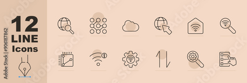 Internet set icon. Globe with magnifying glass, network nodes, cloud, globe with cursor, house, magnifying glass, circuit, signal with alert, gear, graph, settings,