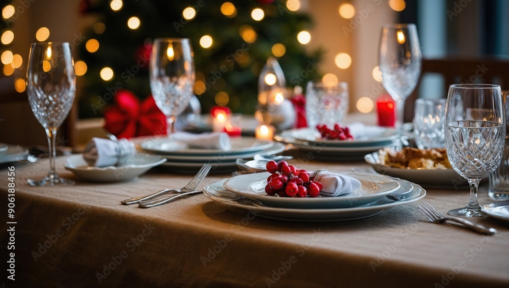 A close-up of table set for dinner meal at Christmas time A close-up of table set for dinner meal at Christmas time