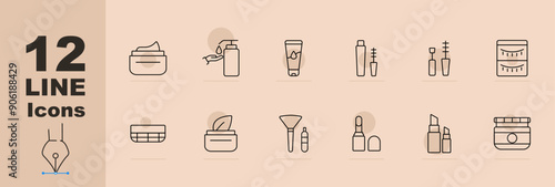 Beauty products set icon. Cream jar, lotion bottle, hand cream, mascara, eye patches, facial cleanser, brush, lipstick
