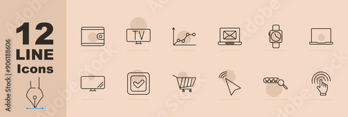 Digital device set icon. Wallet, TV, graph, email, smartwatch, laptop, desktop monitor, checkmark, shopping cart, arrow cursor, password, touch screen