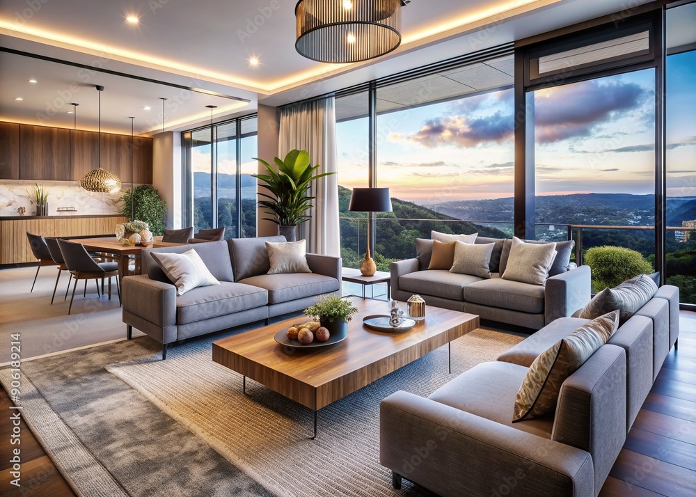 Modern luxury living space boasts sleek designer furniture, high-end decor, and expansive balcony overlooking breathtaking scenery, perfect for relaxation and entertainment. Modern luxury living space boasts sleek designer furniture, high-end decor, and expansive balcony overlooking breathtaking scenery, perfect for relaxation and entertainment.