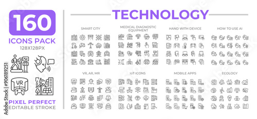 Technology line icons set collection. Smart city IoT. Clean energy. VR, AR, AI. Hand device mobile apps mega pack of linear pictograms, pixel perfect. Isolated vector illustrations. Editable stroke