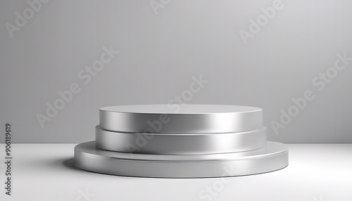 Podium silver metal platform 3D stage pedestal stand background product. Podium isolated metal silver base display round render steel shape white scene cylinder circle award space circular object. photo