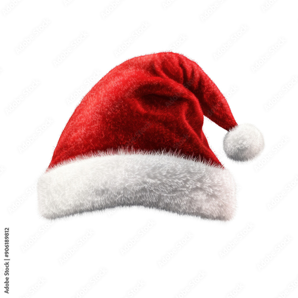 Realistic photograph of a complete Santa hat isolated against a solid stark white background Realistic photograph of a complete Santa hat isolated against a solid stark white background