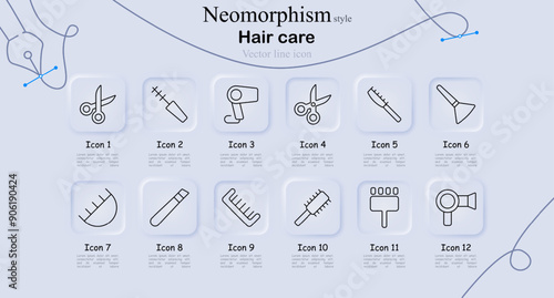 Hair care icon set in neomorphism style. Scissors, hair clippers, hair dryer, comb, razor, trimmer, hairbrush, spray bottle, icons, vector, line art, grooming tools, hairstyling, beauty, personal care