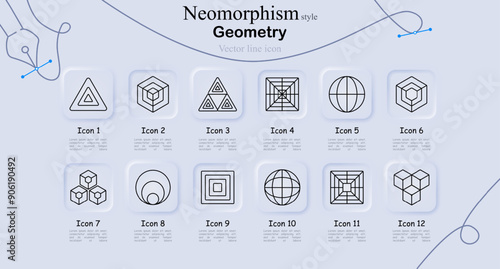 Geometry icon set in neomorphism style. Triangle, nested cubes, grid, sphere, nested squares, shapes, mathematics, patterns, abstract, vector, line art, symbols, design elements, illustration