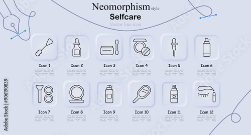 Self-care icon set in neomorphism style. Makeup brush, dropper bottle, cosmetic jar, face powder, mirror, lotion, skincare, beauty products, grooming, vector line art, symbols