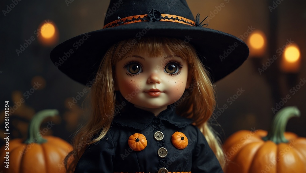 adorable young witch doll with pumpkin – halloween Art Portrait adorable young witch doll with pumpkin – halloween Art Portrait