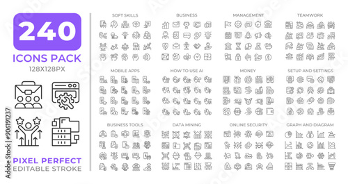 IT business management line icons set collection. AI, finance. Corporate soft skills, online security mega pack of linear pictograms, pixel perfect. Isolated vector illustrations. Editable stroke