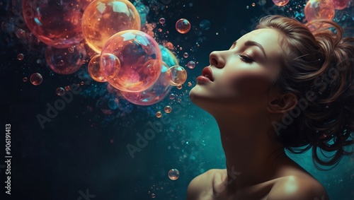 Portrait of Woman with Floating Bubbles