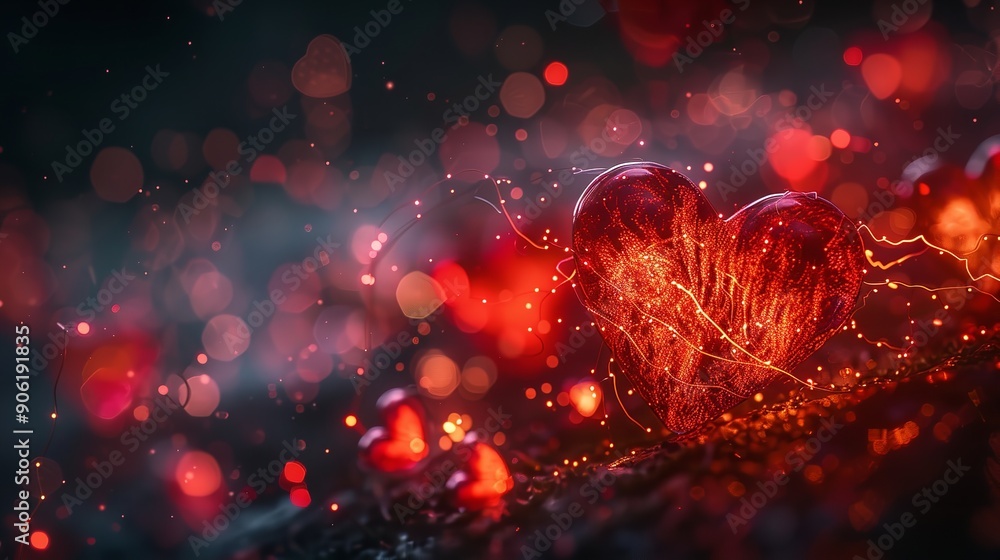 Close-up shot of a red heart with light effects and water droplets Close-up shot of a red heart with light effects and water droplets
