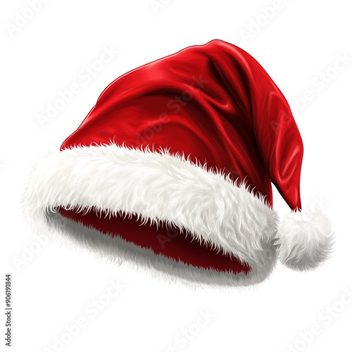 Realistic photograph of a complete Santa hat isolated against a solid stark white background