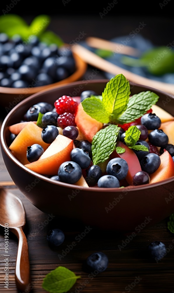 Fruit salad in a bowl with blueberries on a wooden table Fruit salad in a bowl with blueberries on a wooden table