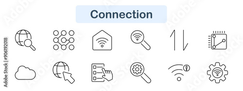 Connection icon set in line art style. Globe, network, Wi-Fi, cloud, click, touchscreen, gear, vector line art