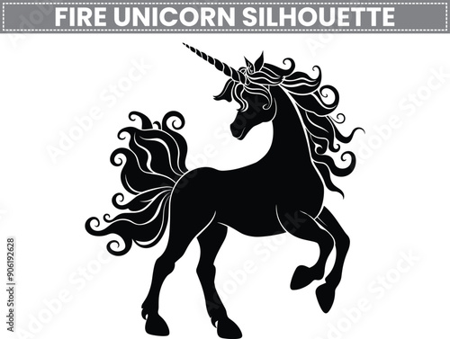 year of the horse, Fire unicorn silhouette, A whimsical Fire unicorn doodle style. This illustration captures the magic of the mythical creature with a flowing mane and elegant horn.