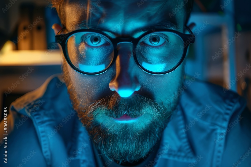 Portrait of a man playing or working, insightful eyes, lit by overhead lighting Portrait of a man playing or working, insightful eyes, lit by overhead lighting