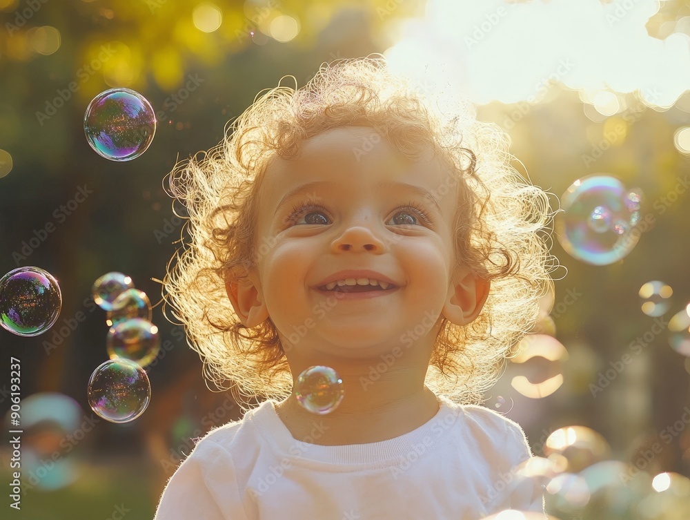 Fototapeta premium Joyful Moment: Child Delightedly Playing with Bubbles in a Sunny Park