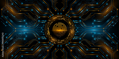 Glowing circuit board with scanning user fingerprint. AI digital touch panel. Connected blue lines with hi-tech electronics elements. Computer motherboard. Vector illustration