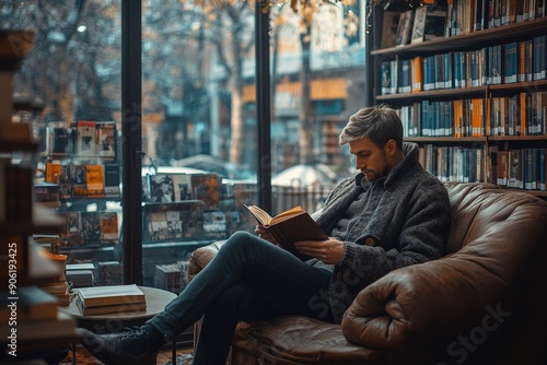 Serene Reading Time: Man immersed in a book in a snug library nook