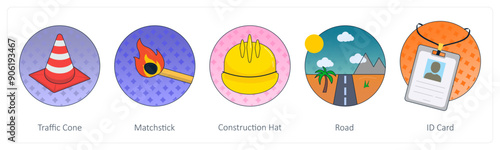 A set of 5 Mix icons as traffic cone, matchstick, construction hat