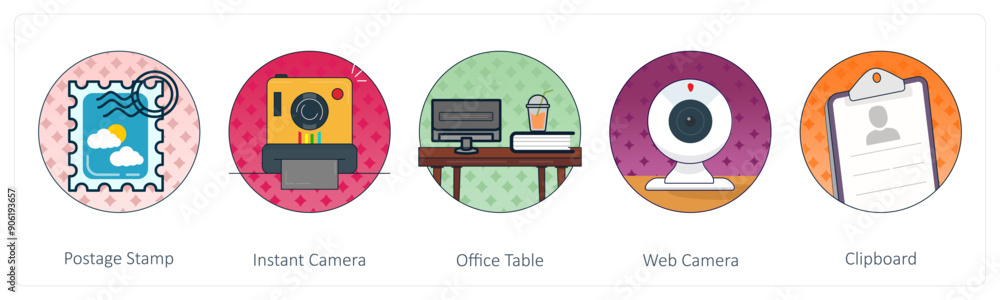 Obraz premium A set of 5 Mix icons as postage stamp, instant camera, office table