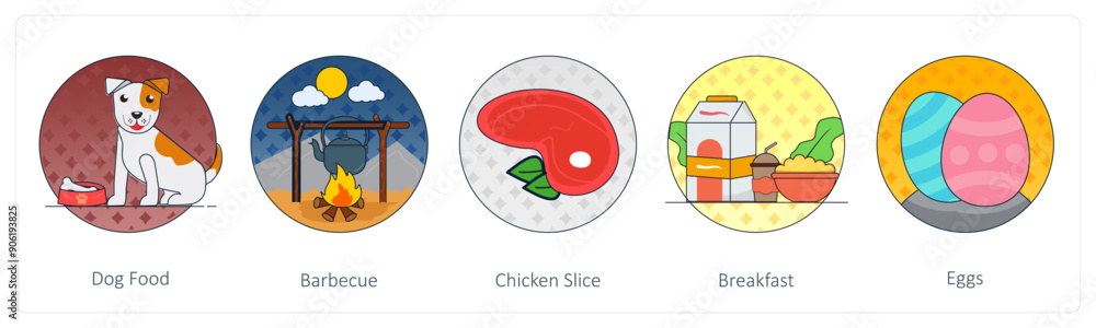 A set of 5 Mix icons as dog food, barbecue, chicken slice A set of 5 Mix icons as dog food, barbecue, chicken slice