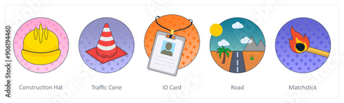 A set of 5 Mix icons as construction hat, traffice cone, id card