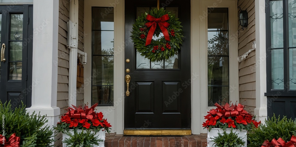 Naklejka premium A front door decorated for christmas with christmas wreaths and wreaths hanging from the side of the front door