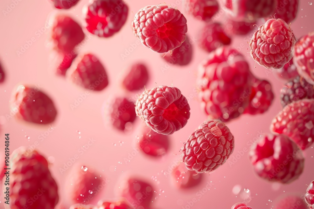 Fresh Raspberries Floating in Mid Air Against Pastel Pink Background, Perfect for Summer Food or Drink Promotions Generative AI Fresh Raspberries Floating in Mid Air Against Pastel Pink Background, Perfect for Summer Food or Drink Promotions Generative AI