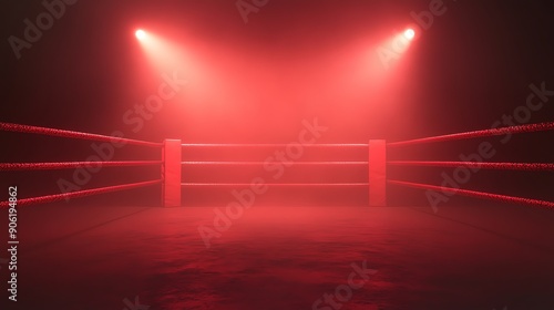 Red-lit boxing ring, shrouded in mist, evoking an intense atmosphere of anticipation and excitement for an upcoming match. photo