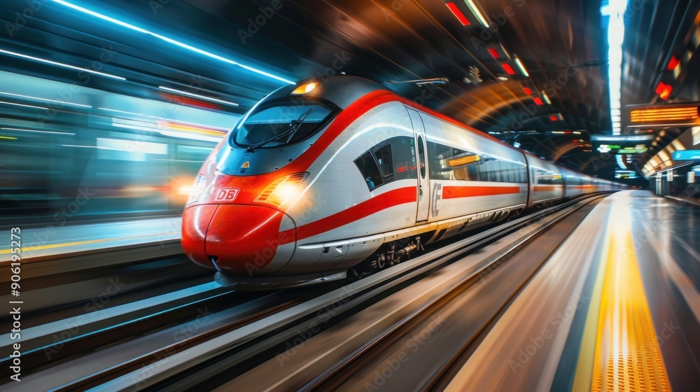 Fototapeta premium Fast-moving high-speed passenger trains highlight the concept of modern railway transportation. Blurry effect.