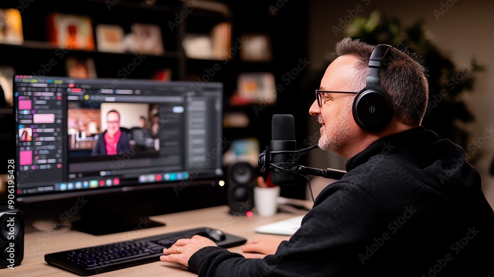 Engaged in online communication, a man with headphones and a microphone interacts with a video call, computer screen displaying a focused discussion environment. Engaged in online communication, a man with headphones and a microphone interacts with a video call, computer screen displaying a focused discussion environment.