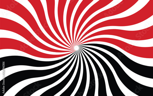 Vibrant Spiraling Retro Sunburst Yemeni Flag Abstract Background in red, white, and black.