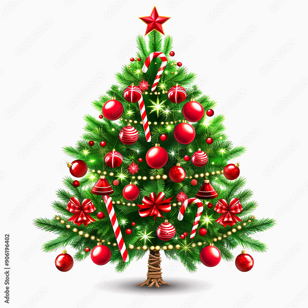 Decorated Christmas Tree with Red Ornaments, Candy Canes, and Bows Decorated Christmas Tree with Red Ornaments, Candy Canes, and Bows