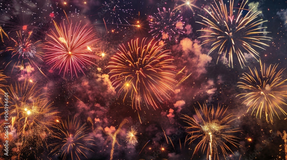 Naklejka premium Luxurious fireworks display with colorful stars in the sky at special events like New Year s Eve or Independence Day celebration in the night sky