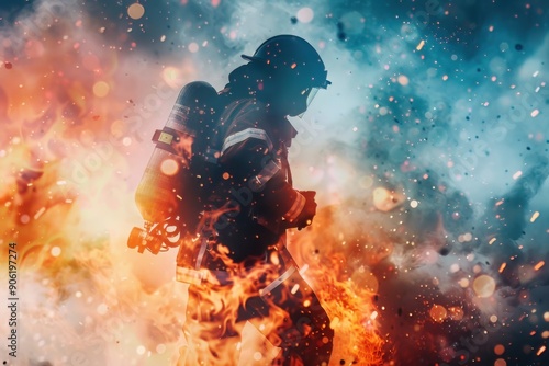 Firefighter Silhouette in a Blaze of Action