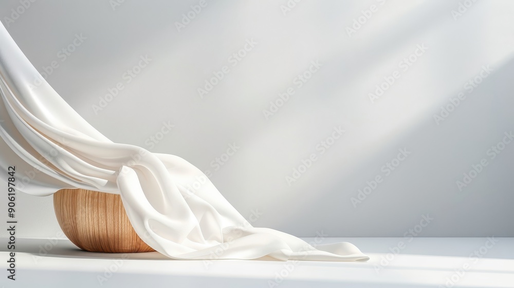 Pristine white silk cloth dancing in the air for elegant product display. Pristine white silk cloth dancing in the air for elegant product display.