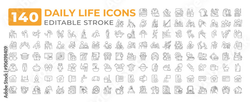 Daily life line icons big set. Housekeeping, utilities, cooking. Parent child. Human behavior. Everyday routine home iconset outline pictograms. Isolated linear vector illustrations. Editable stroke