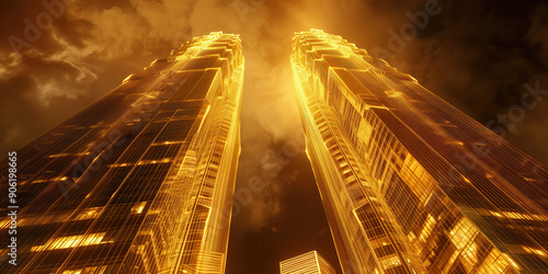 Economic Advertisement Depicting China and USA Trade Conflict with Golden Skyscrapers and Dramatic Lighting photo